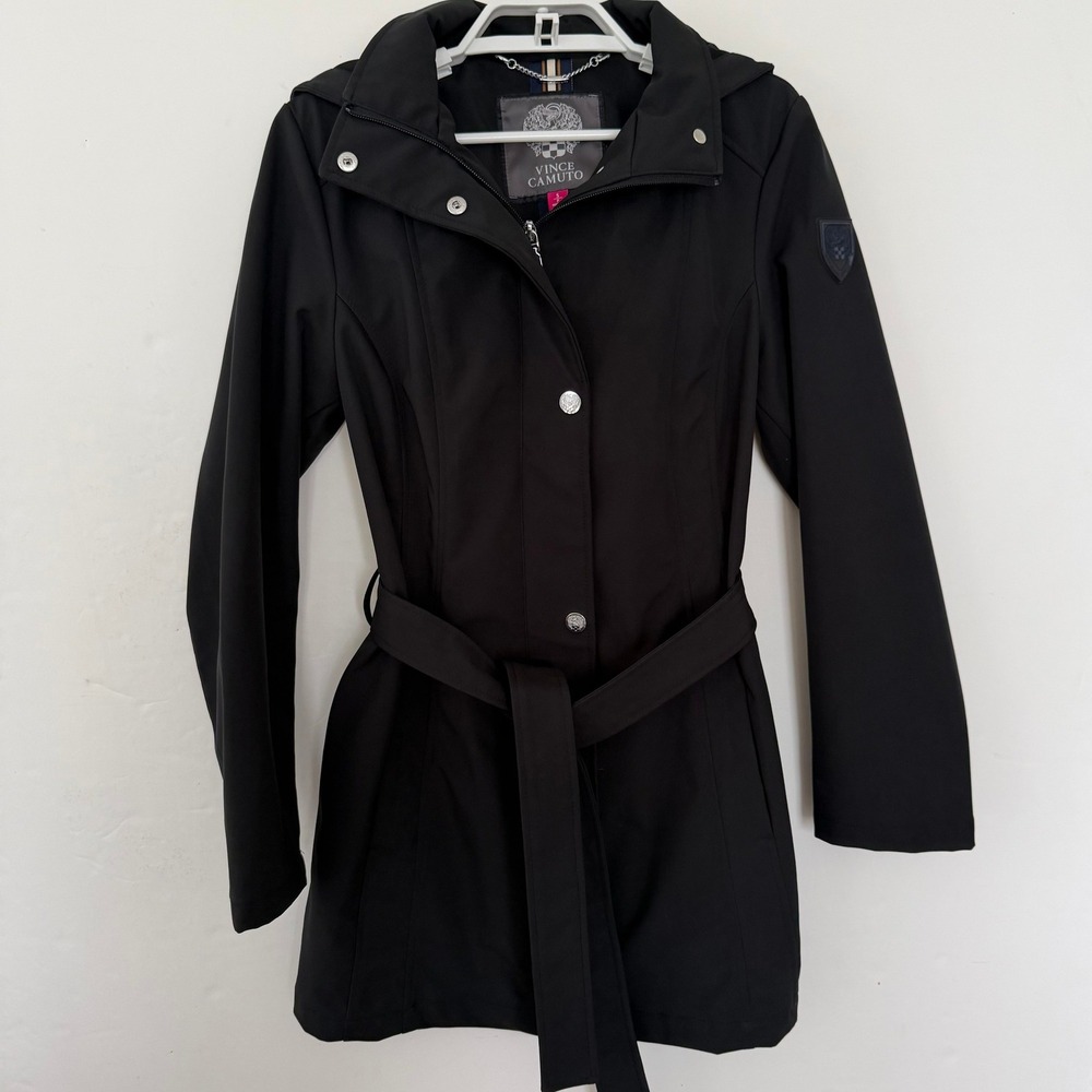 Vince Camuto Black Removable Hooded Softshell Trench Coat Belted Jacket Small